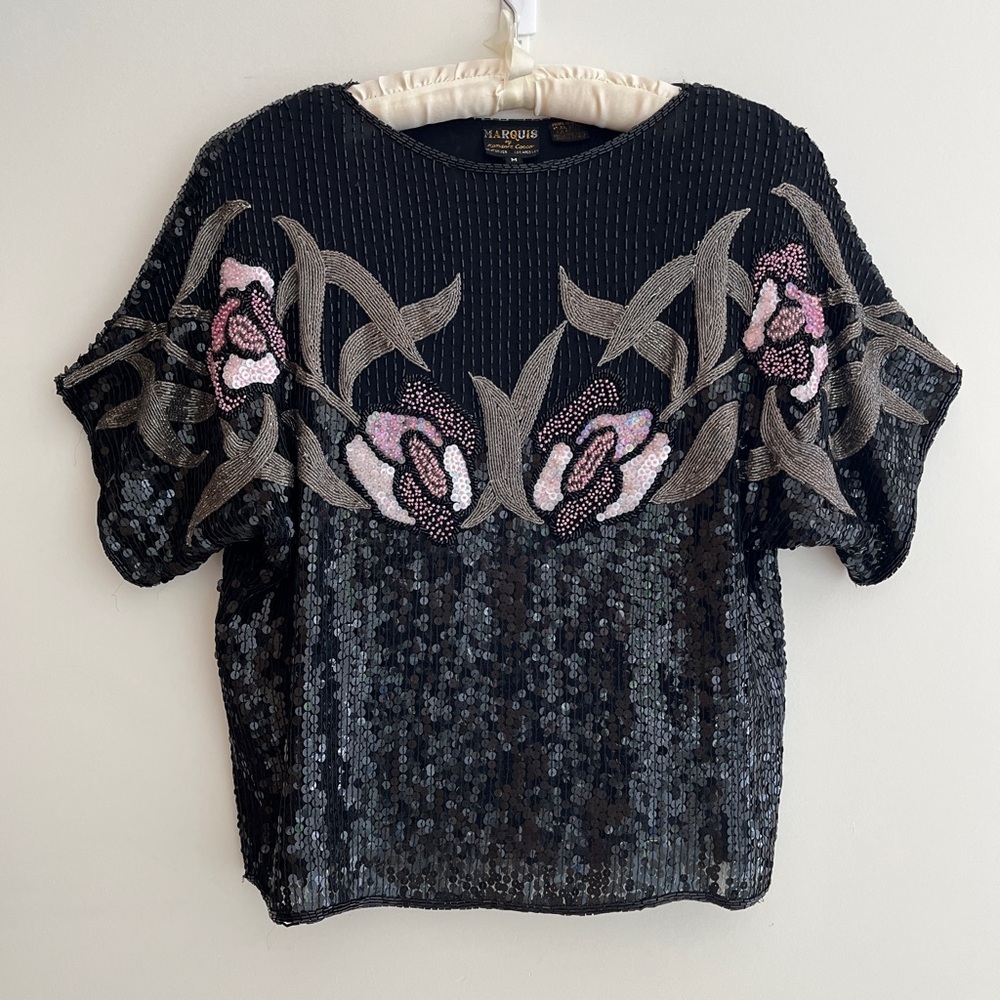 VINTAGE Marquis Randall Cosco Silk Sequin Beaded Sequin Pullover Top Glam 80's
